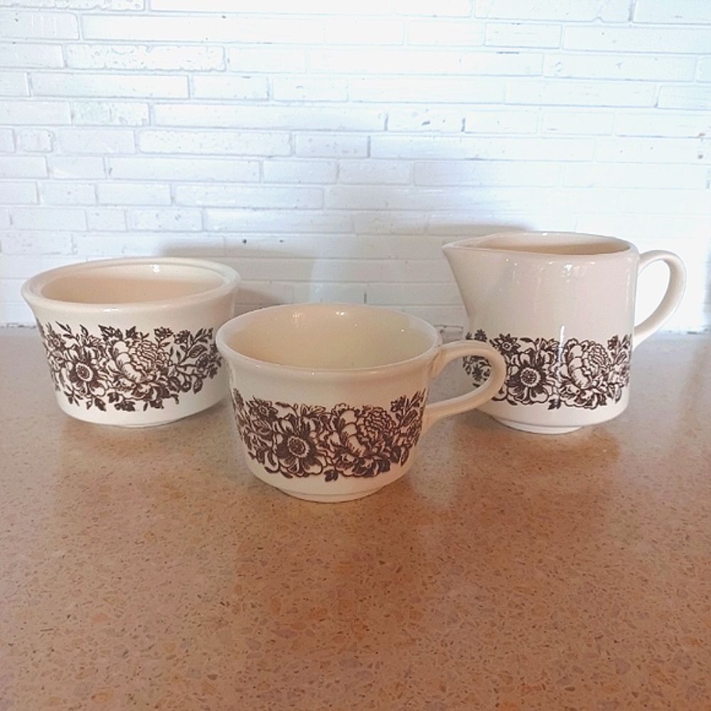 Vintage Royal China Sussex Transfer Ware Floral China Brown Set of 3 Stamped USA